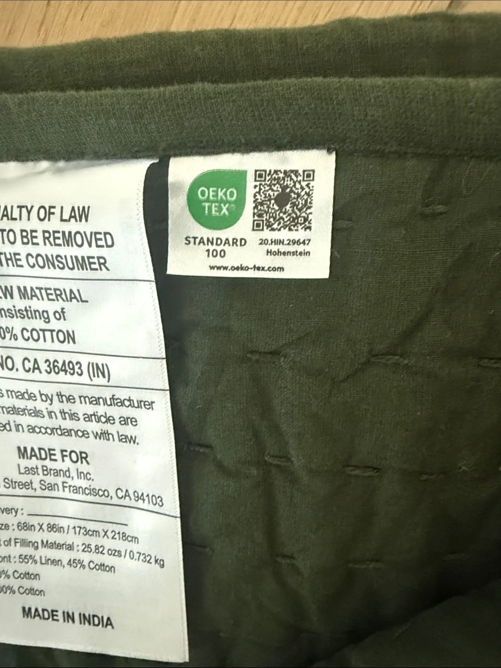 Quince European Linen Cotton Stitch Quilt, Twin, Pine Green - FLAWED